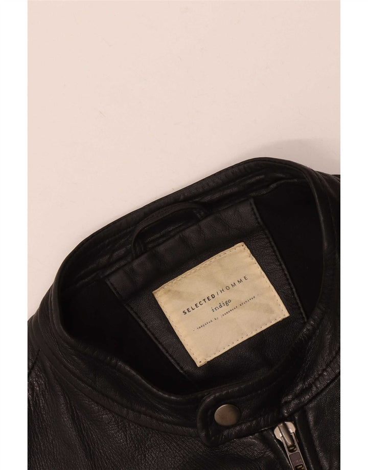 Selected Homme Mens Indigo Leather Jacket UK 40 Large Black