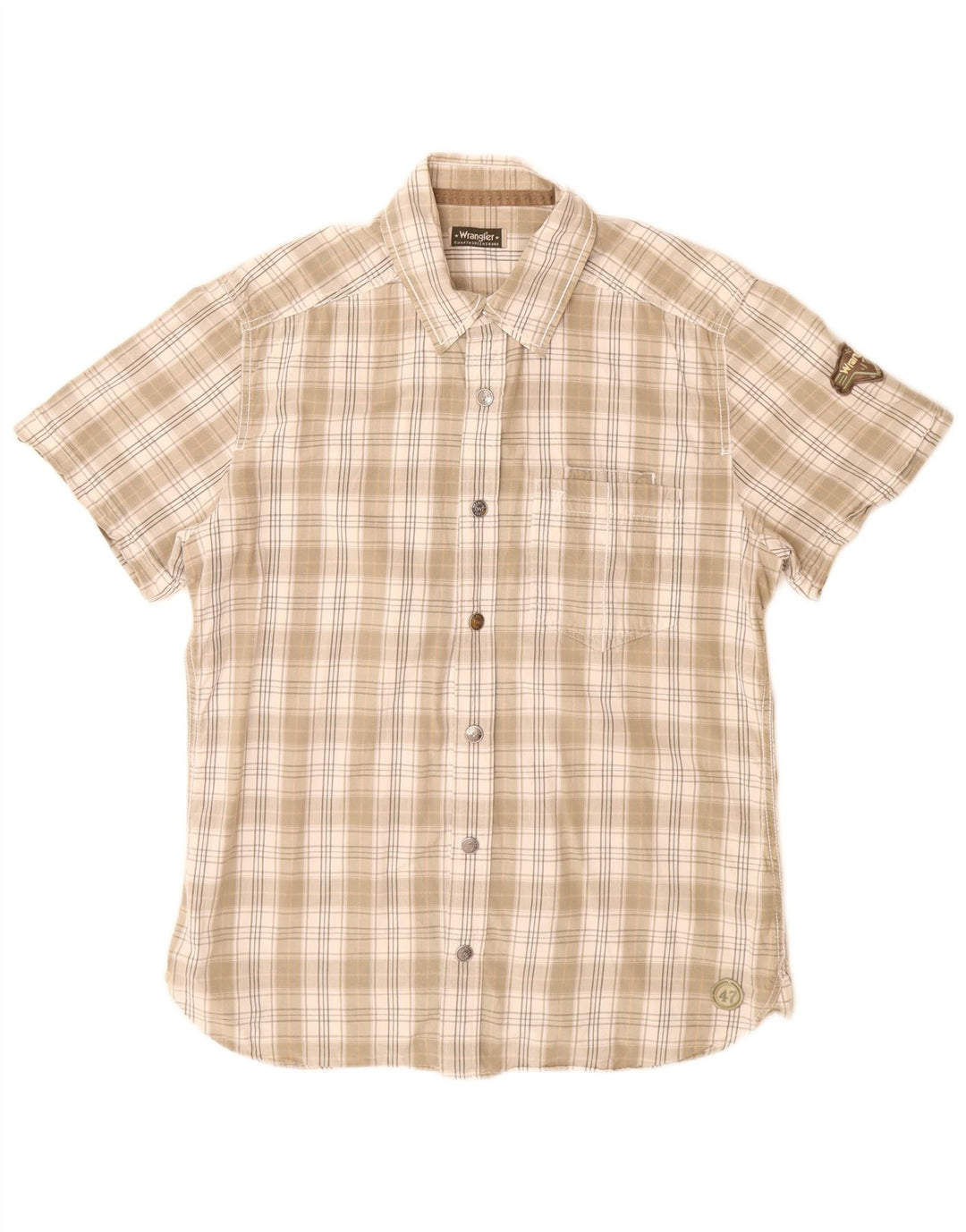 Wrangler Mens Short Sleeve Shirt Large Beige Check Cotton