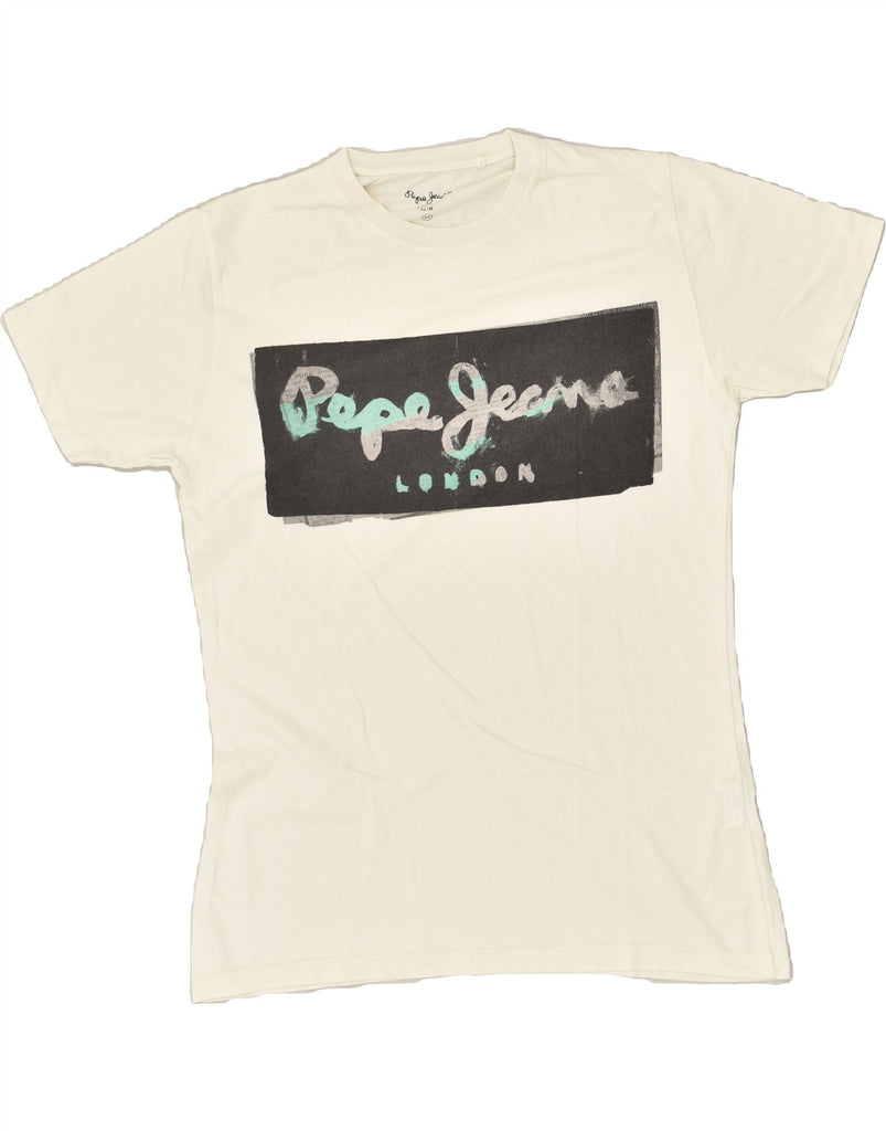 PEPE JEANS Mens Slim Fit Graphic T-Shirt Top Medium Off White Cotton | Vintage PEPE Jeans | Thrift | Second-Hand PEPE Jeans | Used Clothing | Messina Hembry 