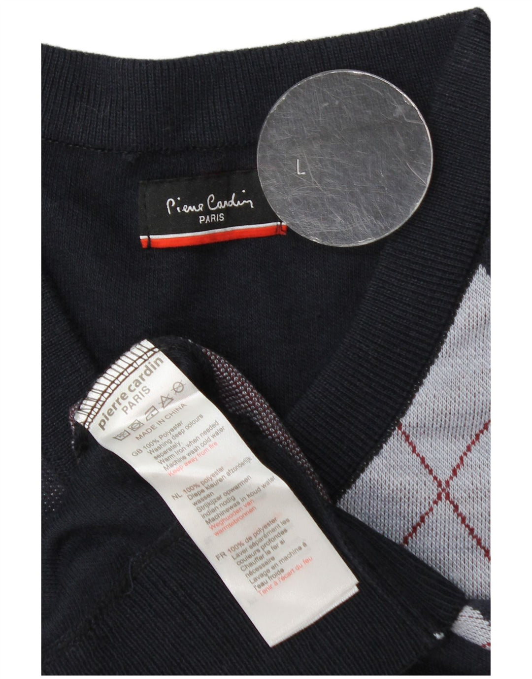 Pierre Cardin Mens V-Neck Jumper Sweater Large Navy Blue Argyle/Diamond