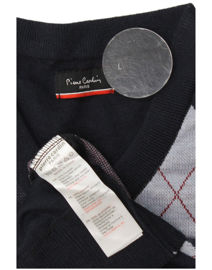 Pierre Cardin Mens V-Neck Jumper Sweater Large Navy Blue Argyle/Diamond