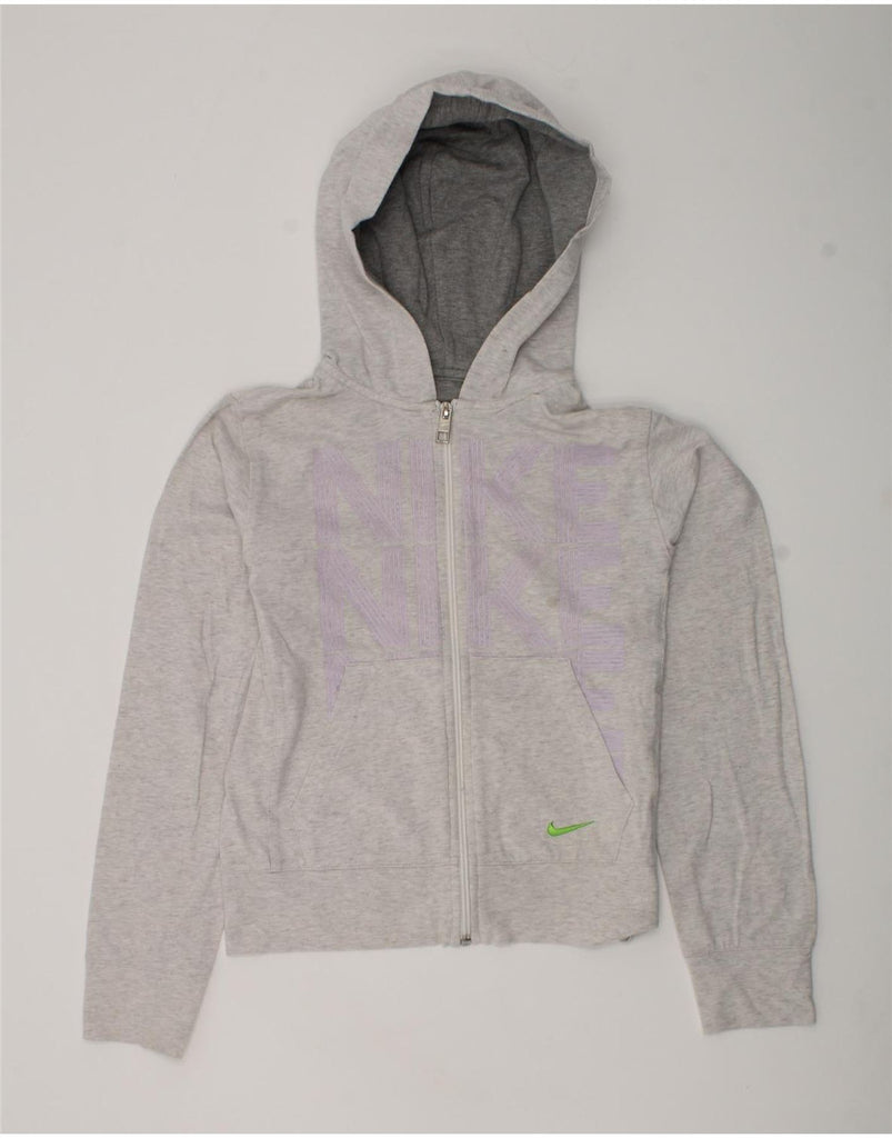 NIKE Girls Graphic Zip Hoodie Sweater 10-11 Years Medium Grey Cotton | Vintage Nike | Thrift | Second-Hand Nike | Used Clothing | Messina Hembry 