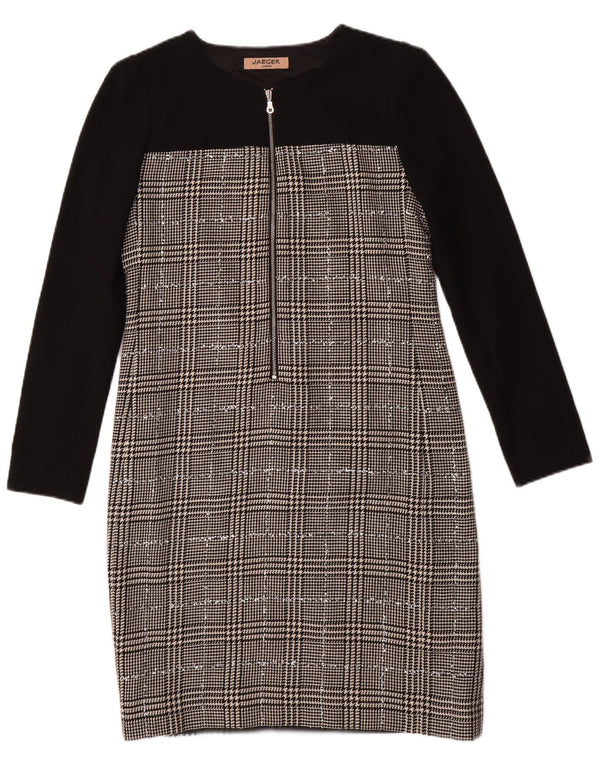 JAEGER Womens Long Sleeve Sheath Dress UK 8 Small Black Houndstooth Wool