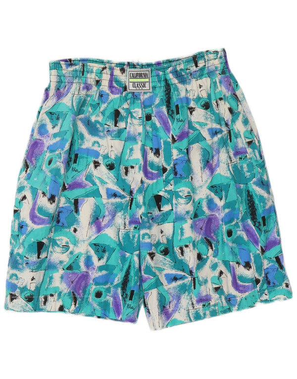 Vintage Mens Casual Shorts Large W34 Turquoise Geometric Cotton