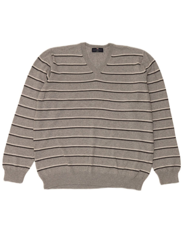Marks & Spencer Mens Blue Harbour V-Neck Jumper Sweater XL Grey Striped