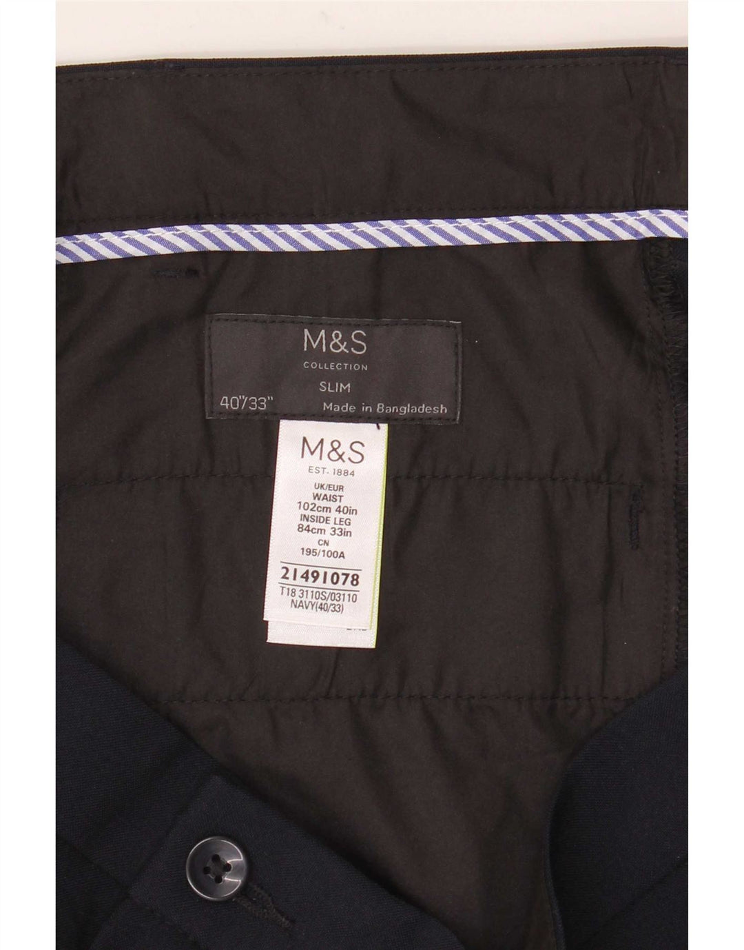 Marks & Spencer Mens Slim Chino Trousers W40 L33 Navy Blue Polyester