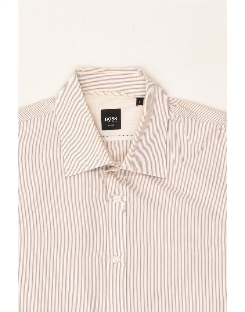 HUGO BOSS Mens Fitted Shirt Large Beige Pinstripe Cotton | Vintage Hugo Boss | Thrift | Second-Hand Hugo Boss | Used Clothing | Messina Hembry 