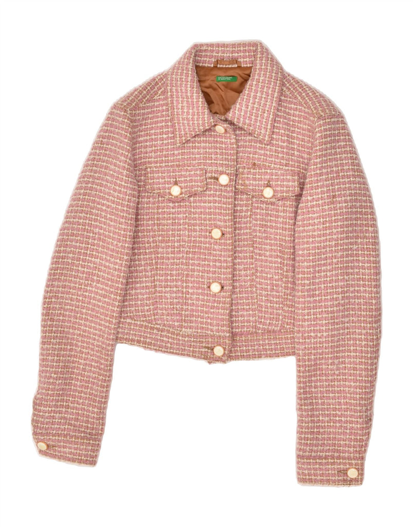 BENETTON Womens Bomber Jacket IT 44 Medium Pink Houndstooth Acrylic | Vintage Benetton | Thrift | Second-Hand Benetton | Used Clothing | Messina Hembry 