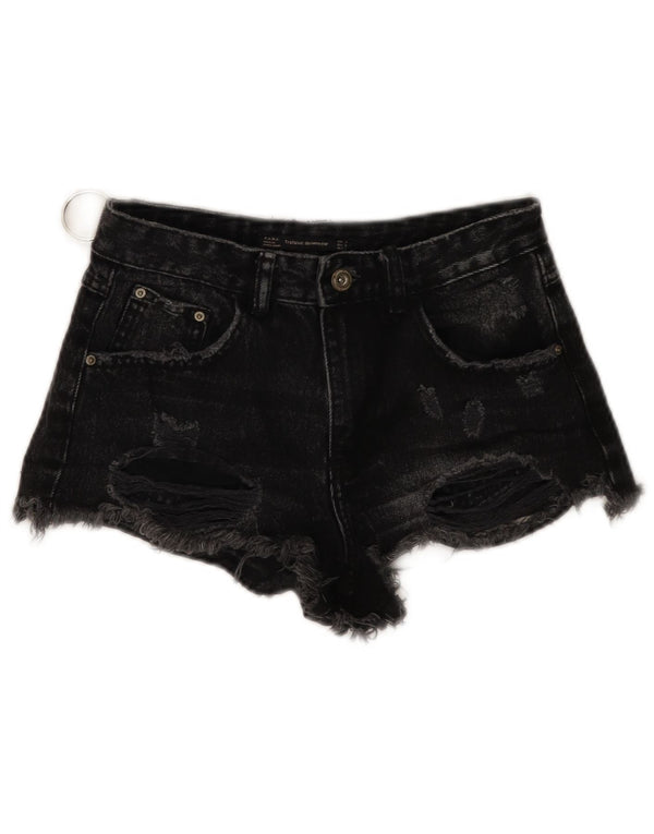 ZARA Womens Trafaluc Distressed Denim Shorts EU 34 2XS W24  Black