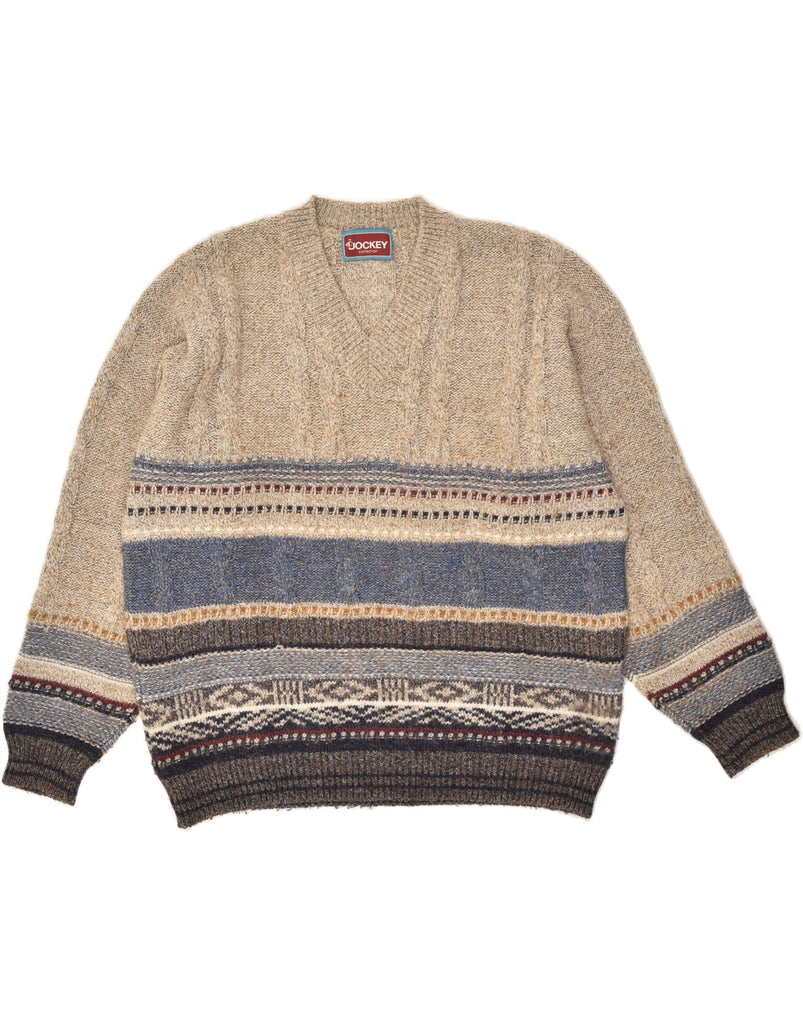 JOCKEY Mens V-Neck Jumper Sweater XL Beige Fair Isle Virgin Wool | Vintage Jockey | Thrift | Second-Hand Jockey | Used Clothing | Messina Hembry 