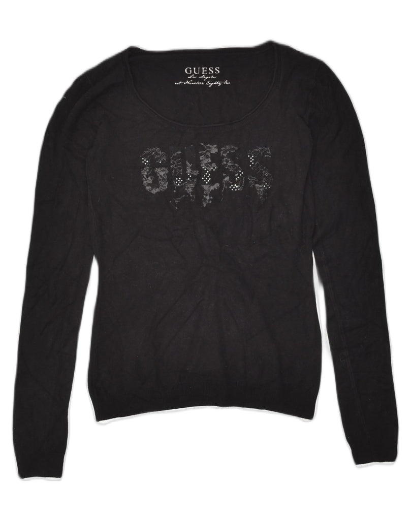 GUESS Womens Graphic Crew Neck Jumper Sweater UK 8 Small Black Cotton | Vintage Guess | Thrift | Second-Hand Guess | Used Clothing | Messina Hembry 