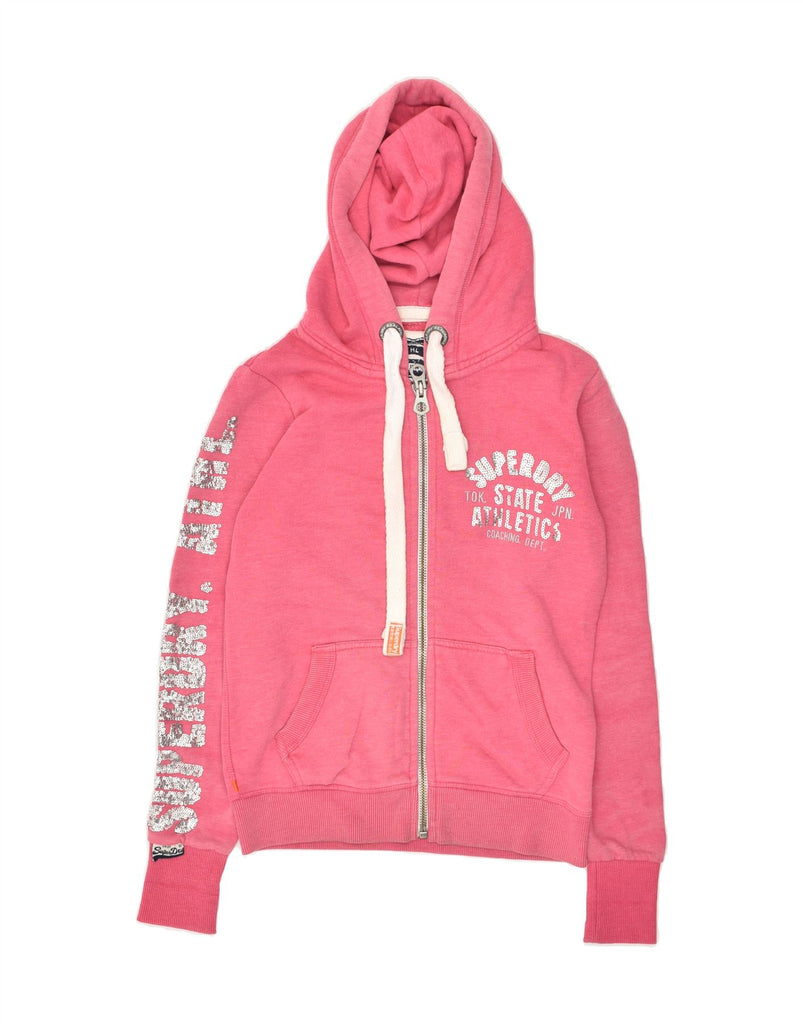 SUPERDRY Womens Loose Fit Graphic Zip Hoodie Sweater UK 6 XS Pink Cotton | Vintage Superdry | Thrift | Second-Hand Superdry | Used Clothing | Messina Hembry 