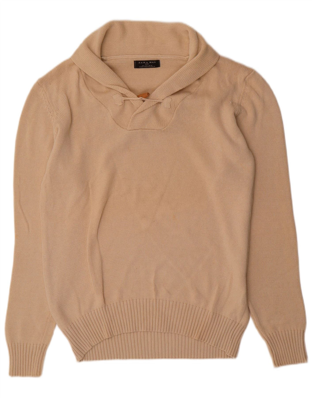 Zara Mens Shawl Neck Jumper Sweater Large Beige Cotton