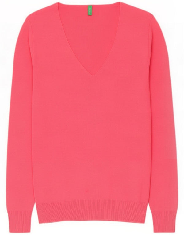 Benetton Womens V-Neck Jumper Sweater UK 14 Large Pink Cotton
