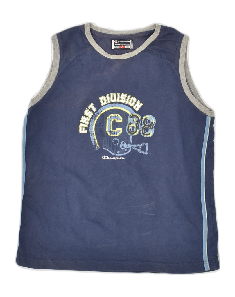 CHAMPION Boys Graphic Vest Top 11-12 Years Large Navy Blue Cotton | Vintage Champion | Thrift | Second-Hand Champion | Used Clothing | Messina Hembry 