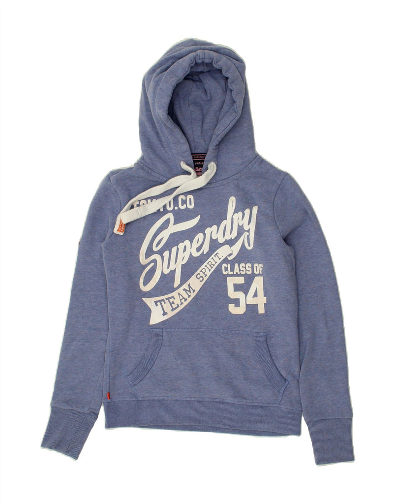 SUPERDRY Womens Graphic Hoodie Jumper UK 6 XS Blue Cotton | Vintage Superdry | Thrift | Second-Hand Superdry | Used Clothing | Messina Hembry 