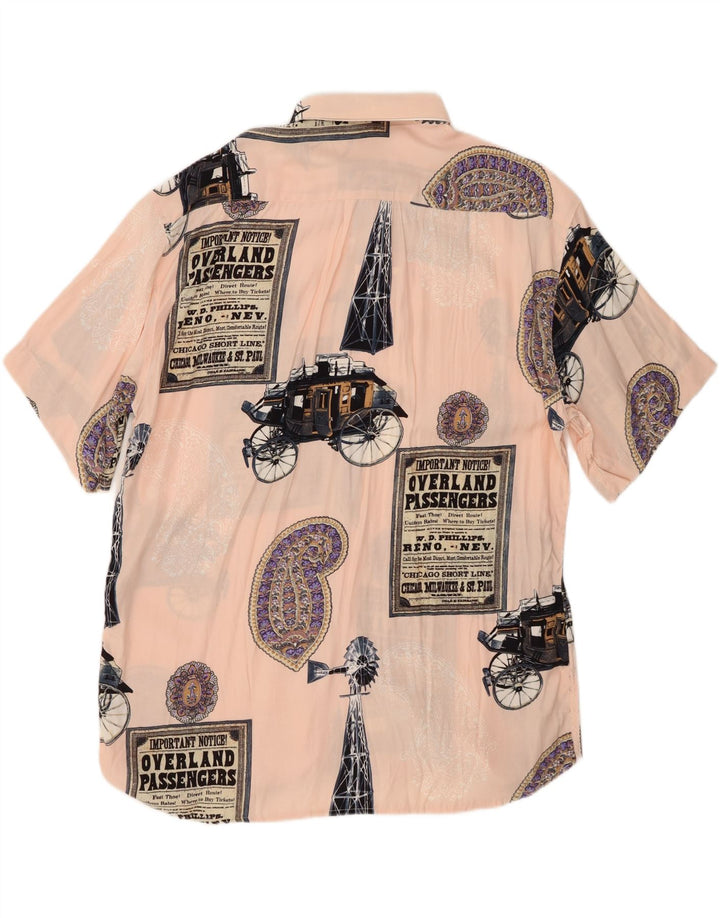 VINTAGE Mens Abstract Pattern Short Sleeve Shirt XL Pink Patchwork Viscose