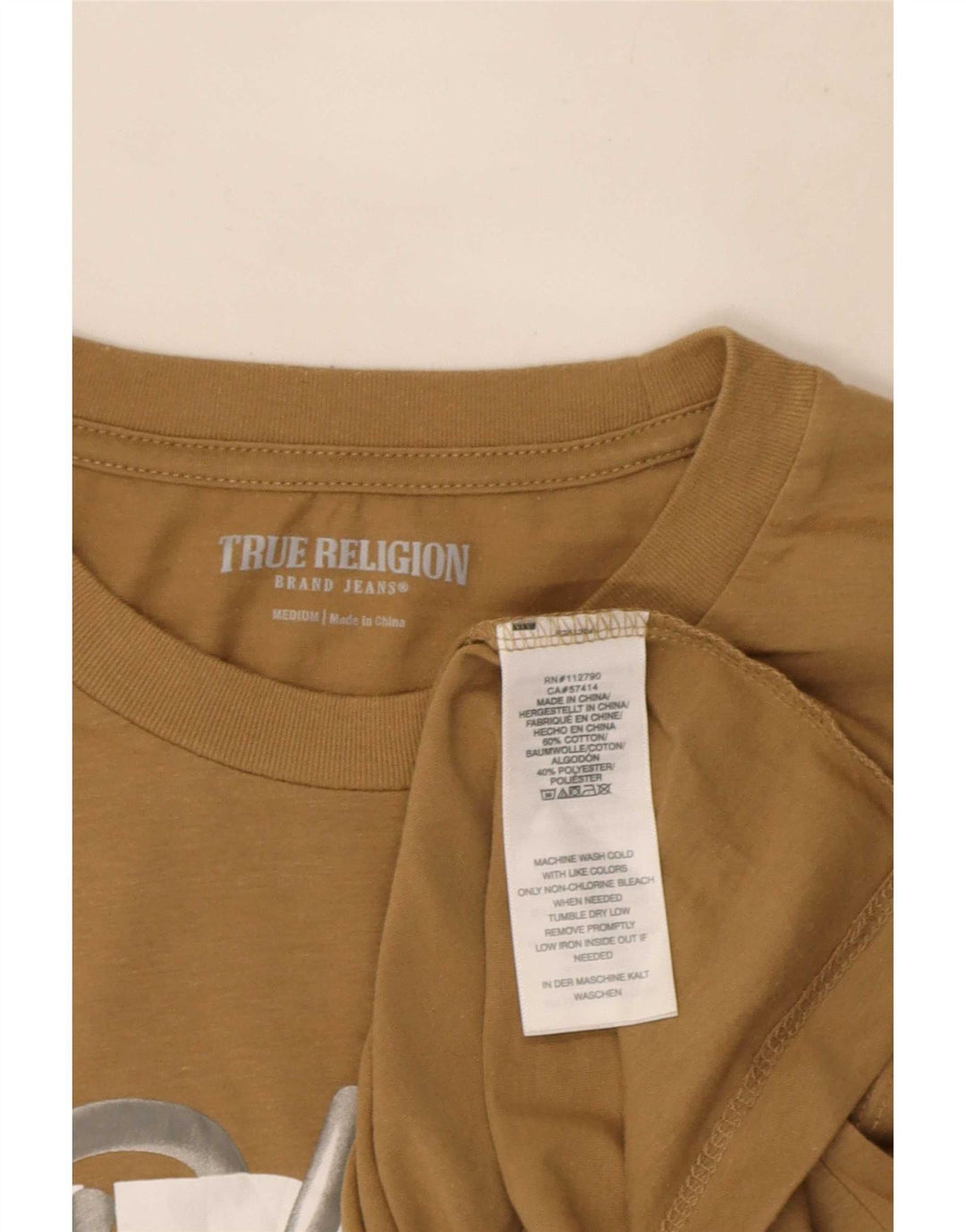 True Religion Mens Graphic T-Shirt Top Medium Beige Cotton