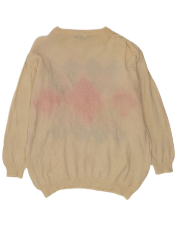 Vintage Womens Boat Neck Jumper Sweater UK 16 Large Beige Argyle/Diamond