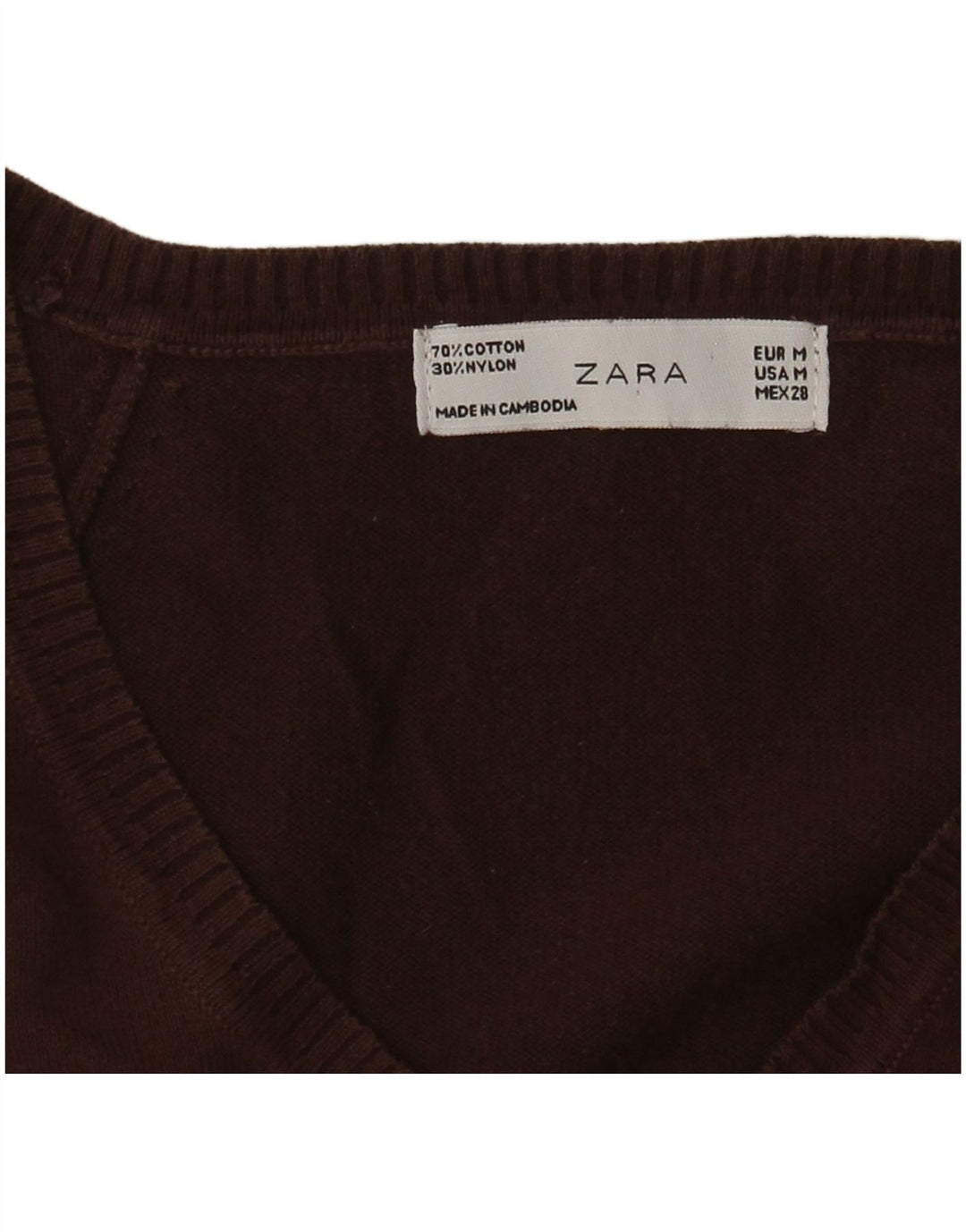 Zara Womens V-Neck Jumper Sweater UK 12 Medium Brown Cotton