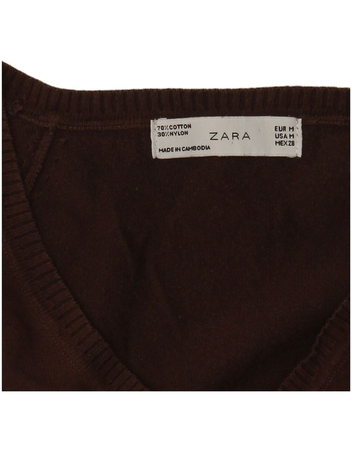 Zara Womens V-Neck Jumper Sweater UK 12 Medium Brown Cotton