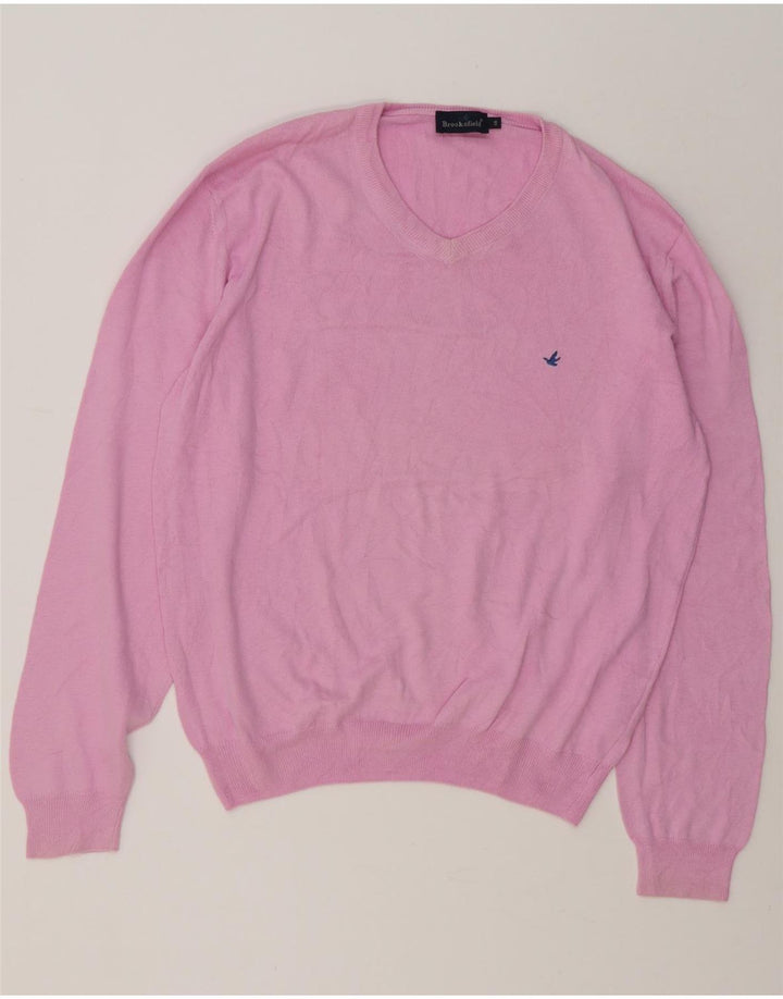 Brooksfield Mens V-Neck Jumper Sweater IT 48 Medium Pink Cotton