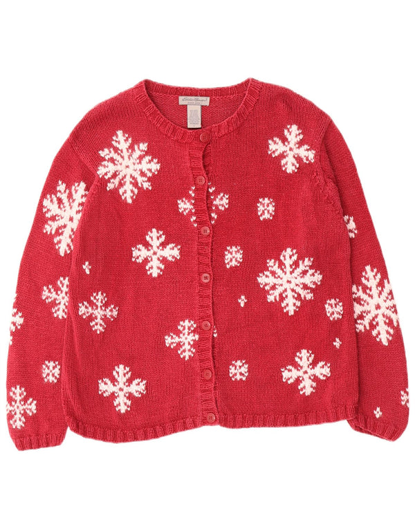 Eddie Bauer Womens Cardigan Sweater UK 16 Large Red Fair Isle Ramie