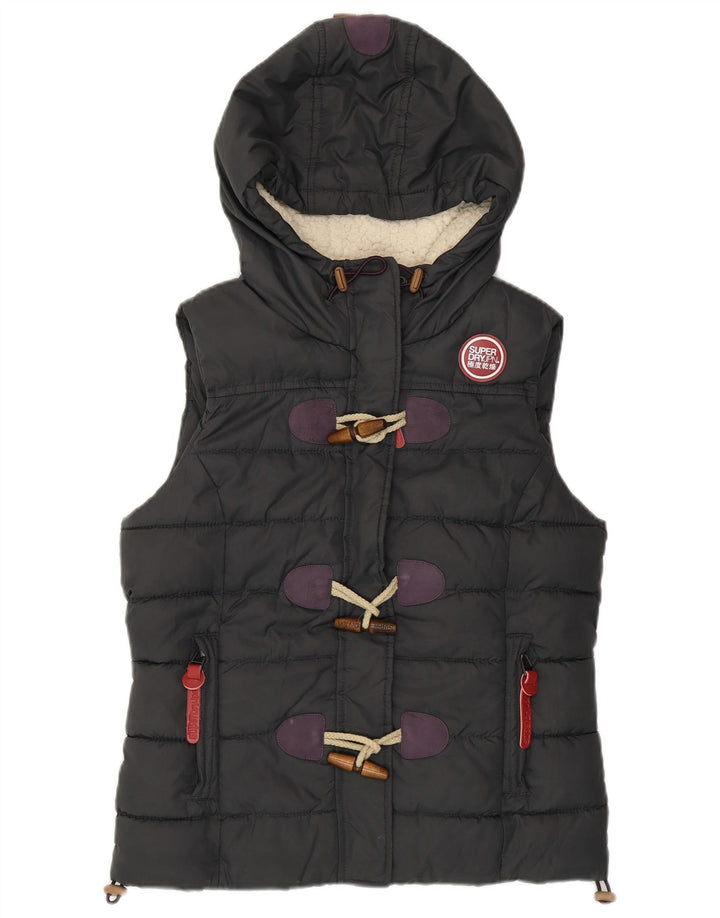 SUPERDRY Womens Hooded Padded Gilet UK 14 Medium Grey Polyester