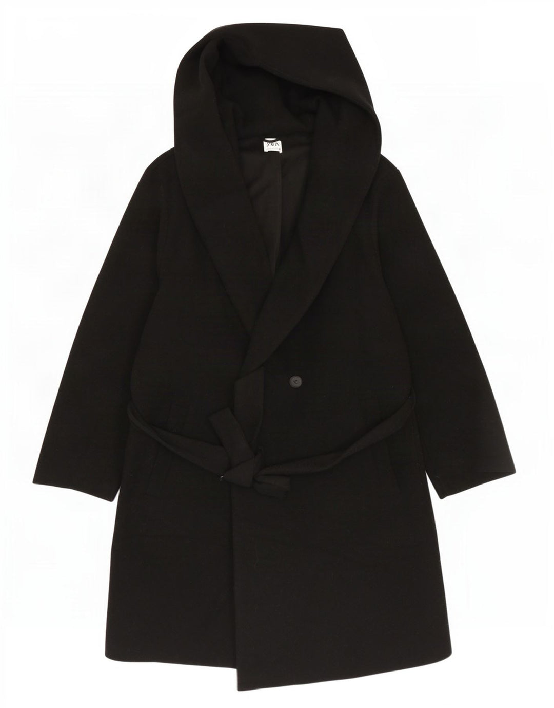Zara Womens Hooded Double Breasted Coat UK 18 XL Black Polyester