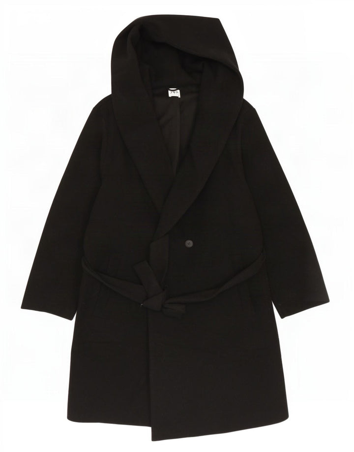 Zara Womens Hooded Double Breasted Coat UK 18 XL Black Polyester