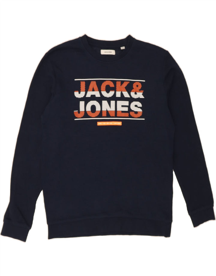 JACK & JONES Mens Graphic Sweatshirt Jumper Medium Navy Blue Cotton Vintage Jack & Jones and Second-Hand Jack & Jones from Messina Hembry 