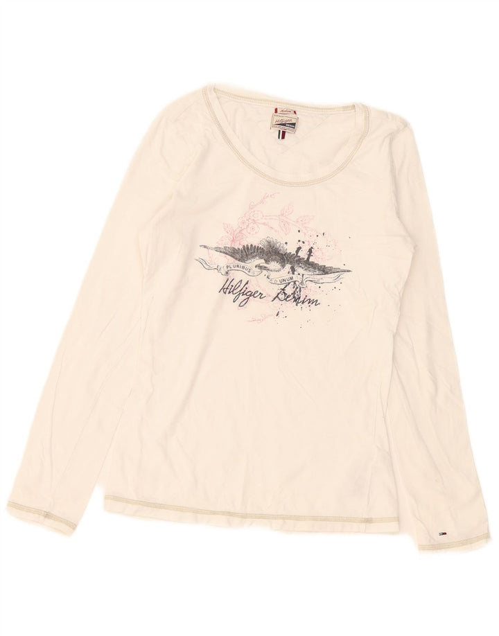 Tommy Hilfiger Womens Graphic Top Long Sleeve UK 12 Medium White Cotton