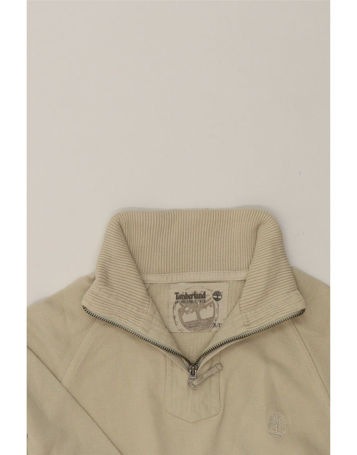 TIMBERLAND Mens Tall Zip Neck Sweatshirt Jumper Small Beige Cotton Vintage Timberland and Second-Hand Timberland from Messina Hembry 