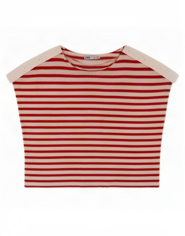 Zara Womens Crop Boat Neck Jumper Sweater UK 16 Large Red Striped
