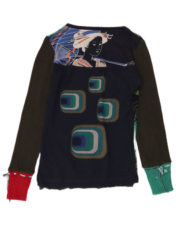 DESIGUAL Womens Graphic Top Long Sleeve UK 12 Medium Multicoloured Floral