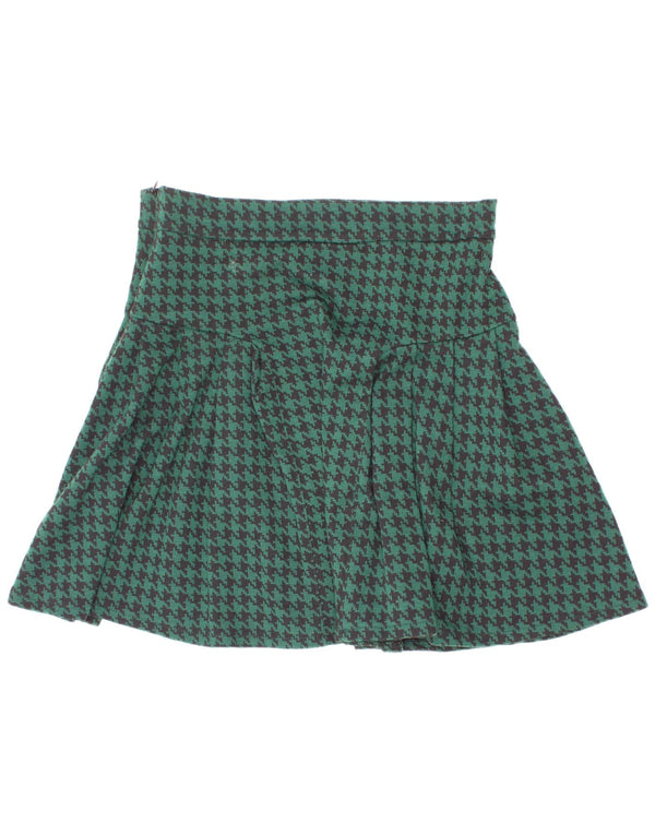 Zara Girls Pleated Skirt 13-14 Years W26 Green Houndstooth Polyester