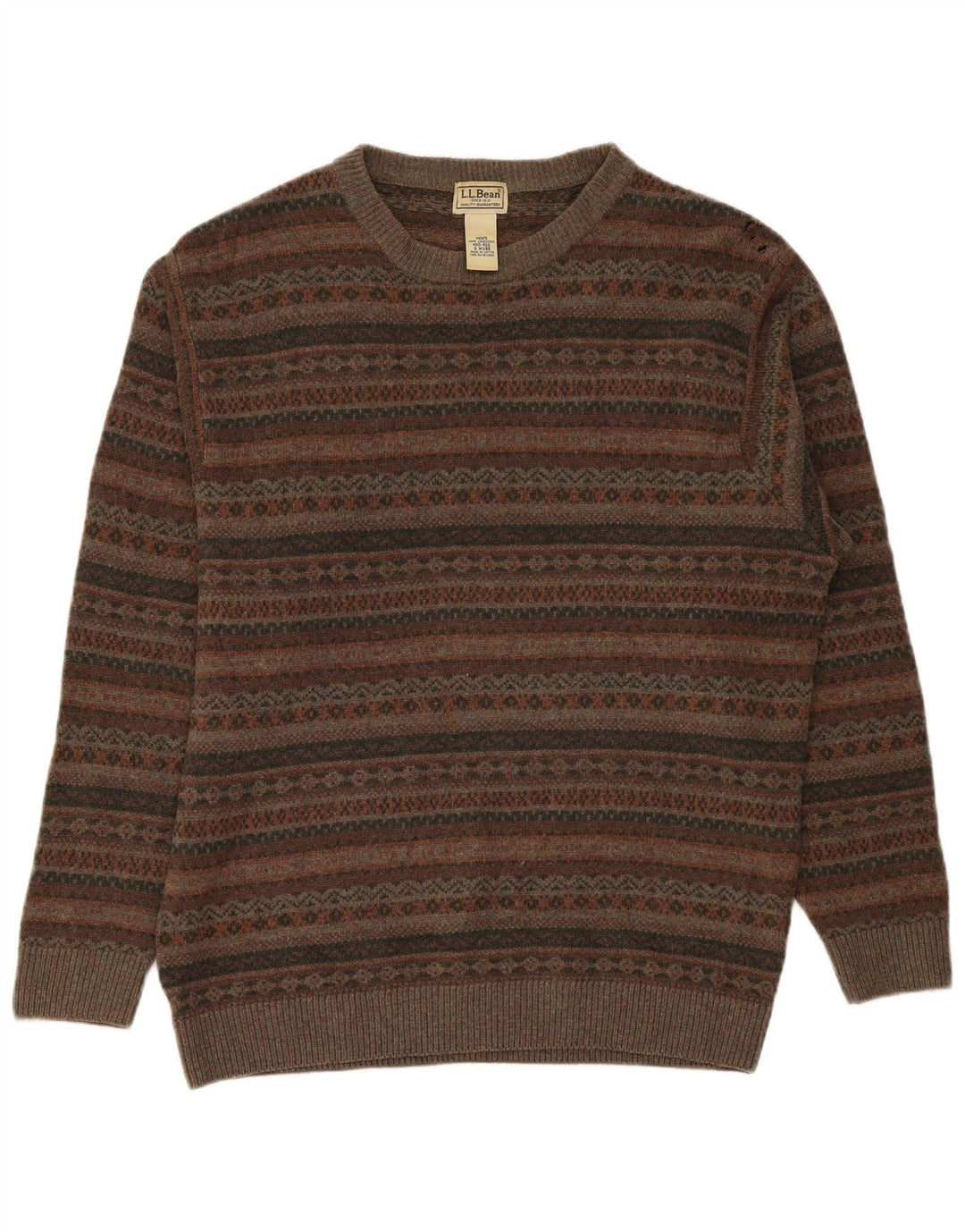 L.L.Bean Mens Boat Neck Jumper Sweater Medium Khaki Fair Isle Lambswool