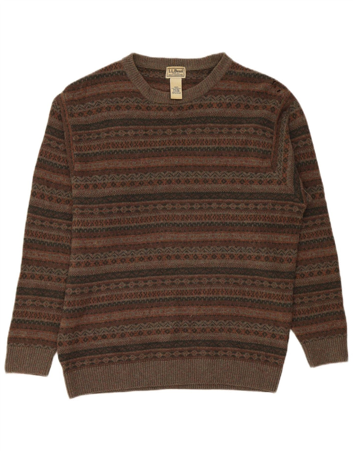 L.L.Bean Mens Boat Neck Jumper Sweater Medium Khaki Fair Isle Lambswool
