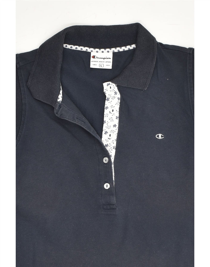 CHAMPION Womens Sleeveless Polo Shirt UK 16 Large Navy Blue | Vintage Champion | Thrift | Second-Hand Champion | Used Clothing | Messina Hembry 
