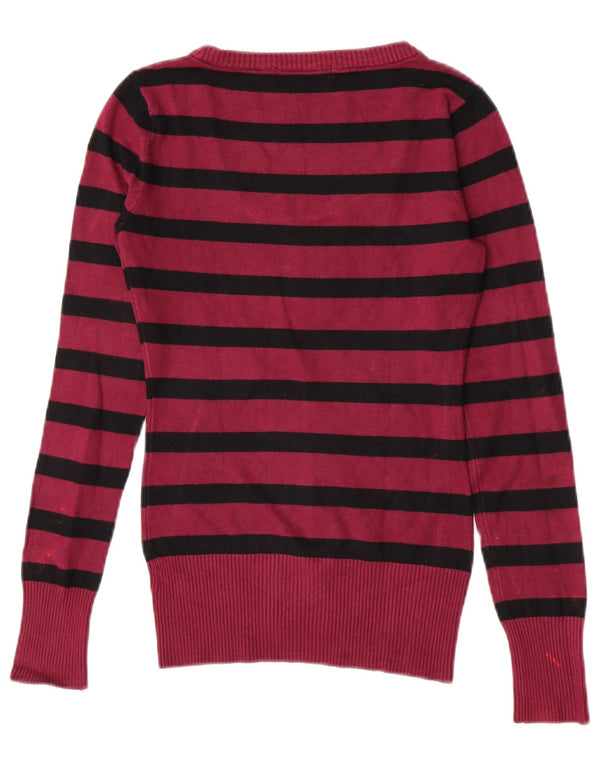 Guess Womens Graphic Boat Neck Jumper Sweater UK 4 XS Burgundy Striped
