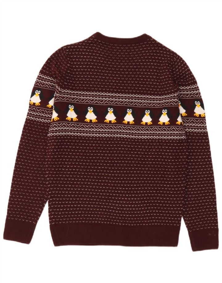 Marks & Spencer Mens Crew Neck Jumper Sweater Small Burgundy Fair Isle