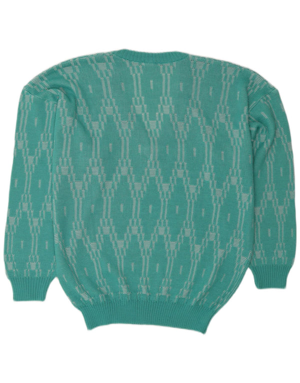 Il Birillo Womens V-Neck Jumper Sweater UK 20 2XL Turquoise Geometric