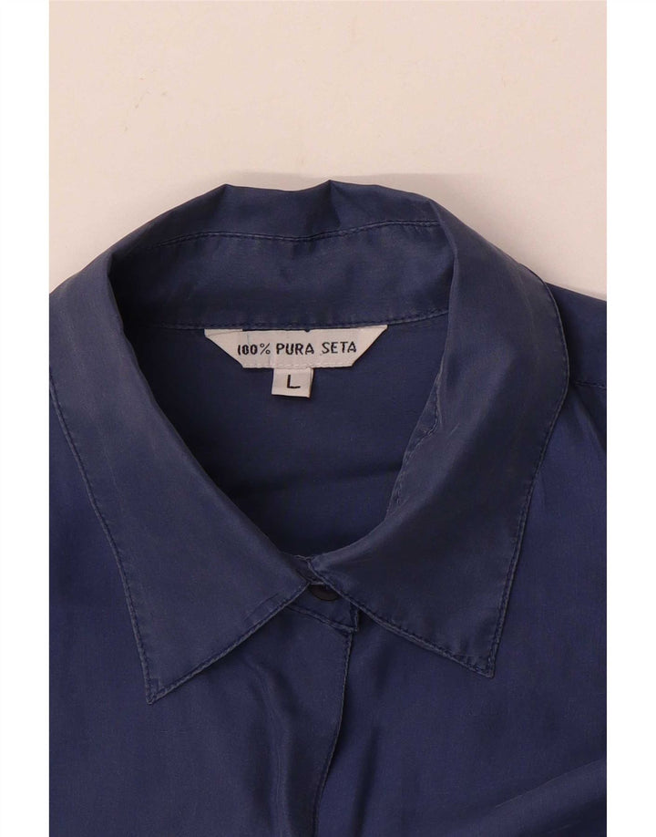 Vintage Womens Shirt Blouse UK 16 Large Navy Blue Silk