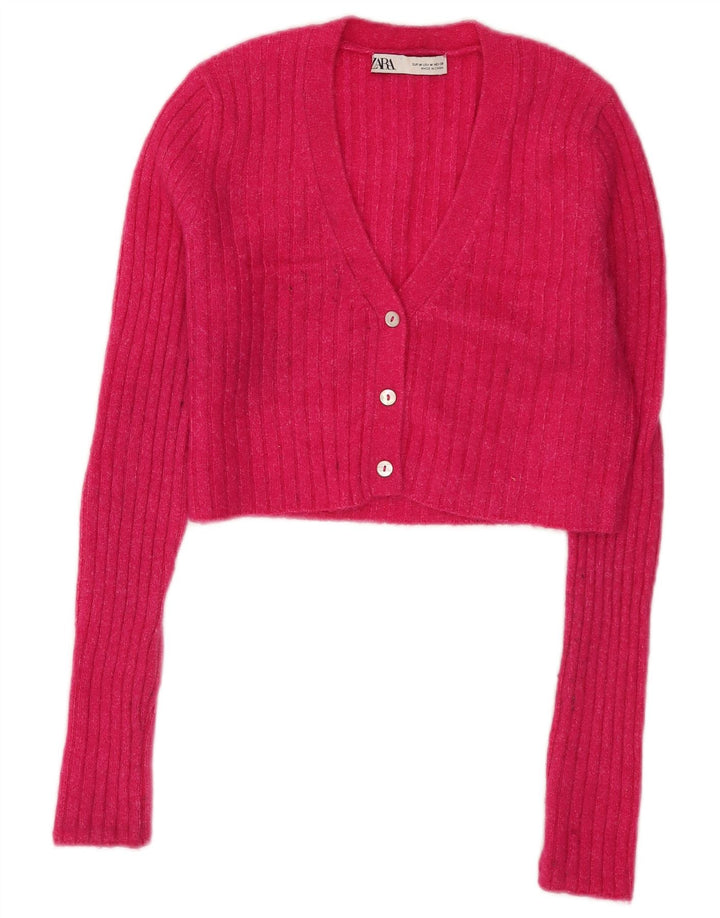 Zara Womens Crop Cardigan Sweater UK 12 Medium Pink Nylon