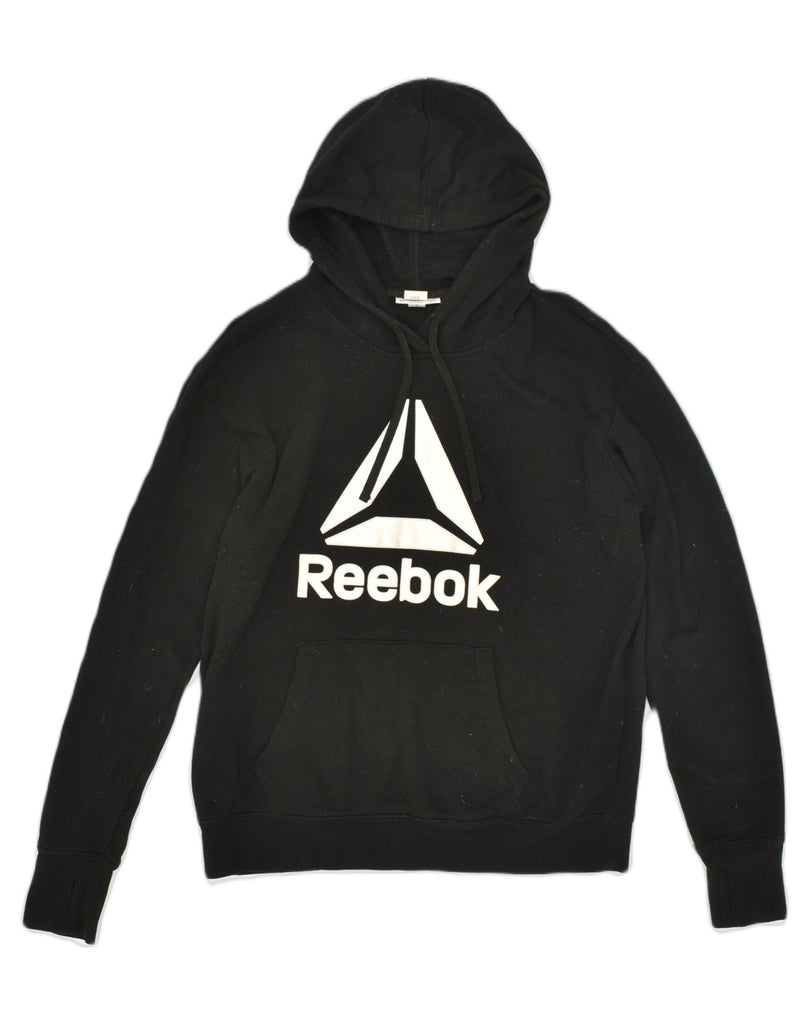 REEBOK Womens Graphic Hoodie Jumper UK 16 Large Black Cotton | Vintage Reebok | Thrift | Second-Hand Reebok | Used Clothing | Messina Hembry 