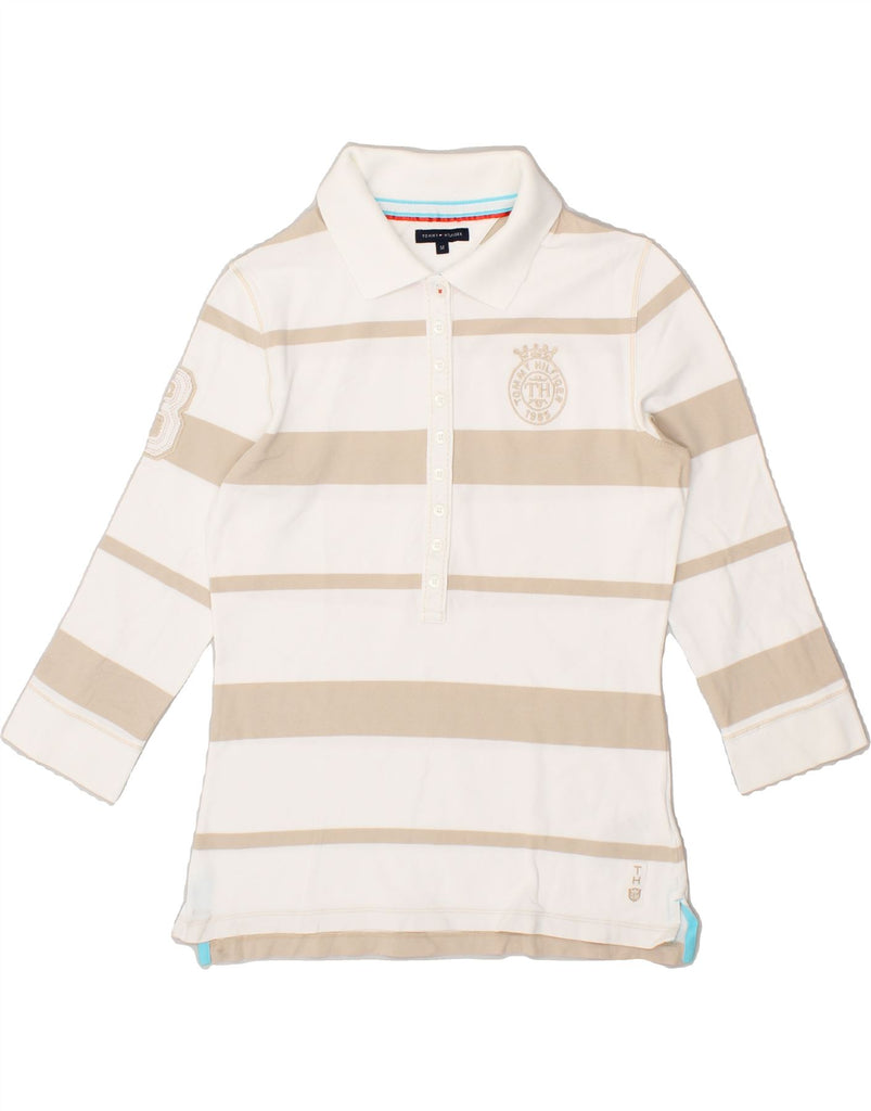 TOMMY HILFIGER Womens 3/4 Sleeve Polo Shirt UK 12 Medium White Striped Vintage Tommy Hilfiger and Second-Hand Tommy Hilfiger from Messina Hembry 