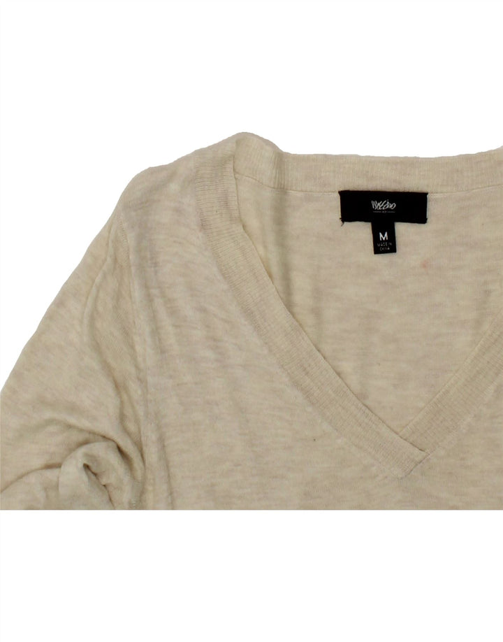 MOSSIMO Womens 3/4 Sleeve V-Neck Jumper Sweater UK 12 Medium Beige Nylon Vintage Mossimo and Second-Hand Mossimo from Messina Hembry 