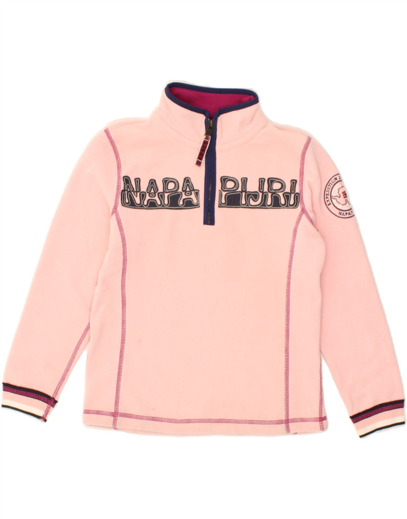 NAPAPIJRI Girls Graphic Zip Neck Fleece Jumper 9-10 Years Pink Polyester | Vintage Napapijri | Thrift | Second-Hand Napapijri | Used Clothing | Messina Hembry 