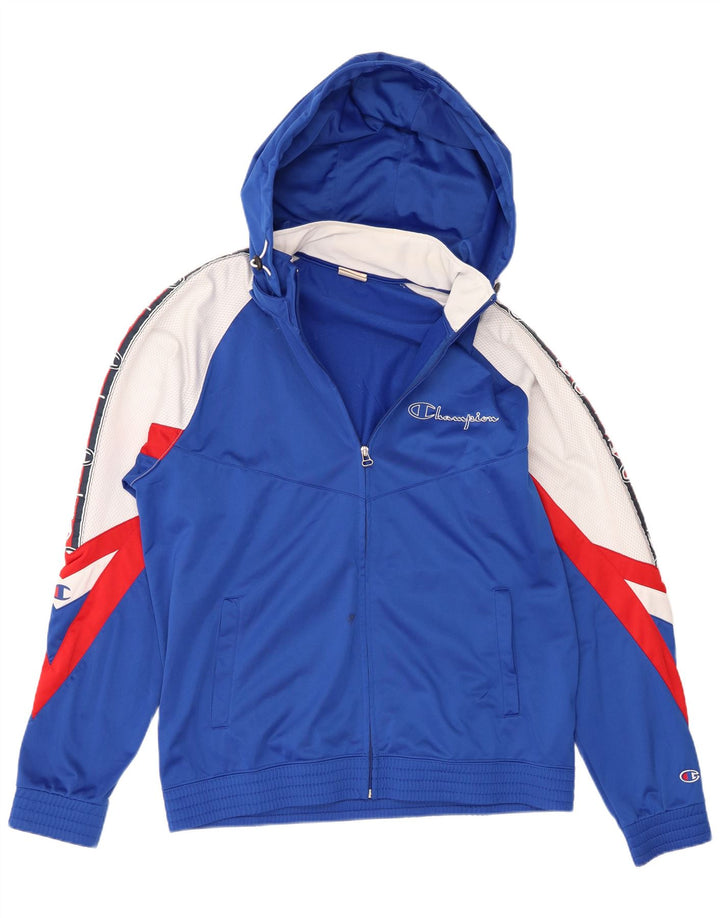 Champion Mens Graphic Hooded Tracksuit Top Jacket Large Blue Colourblock