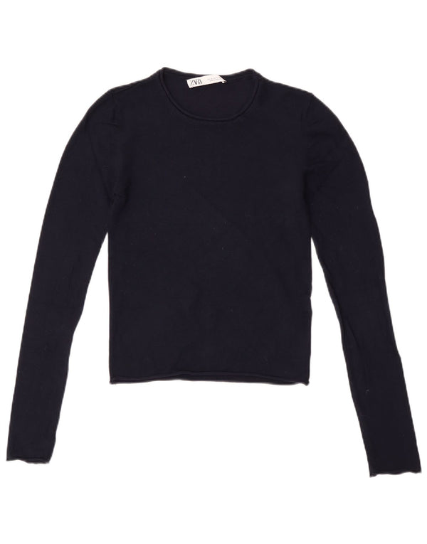 Zara Womens Crop Top Long Sleeve UK 8 Small Navy Blue Viscose